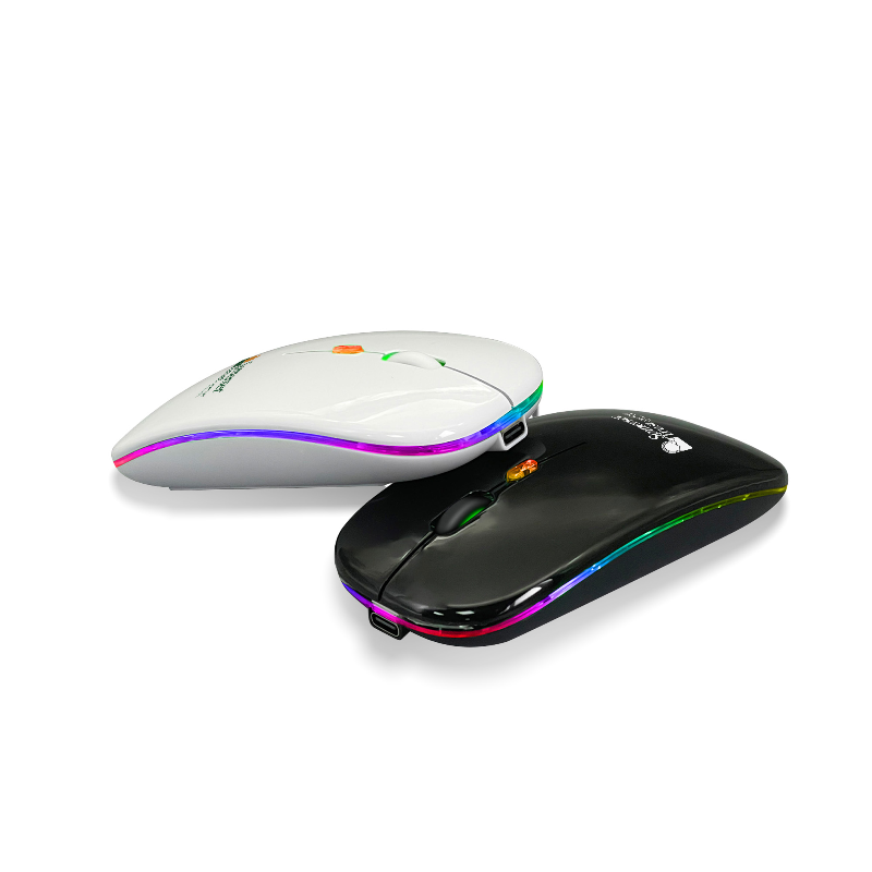 Two promotional computer mice, one white and one black, with LED edge lighting
