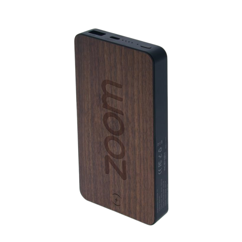 A customized power bank made of wood with aluminum trim, featuring a laser engraved logo on the front.