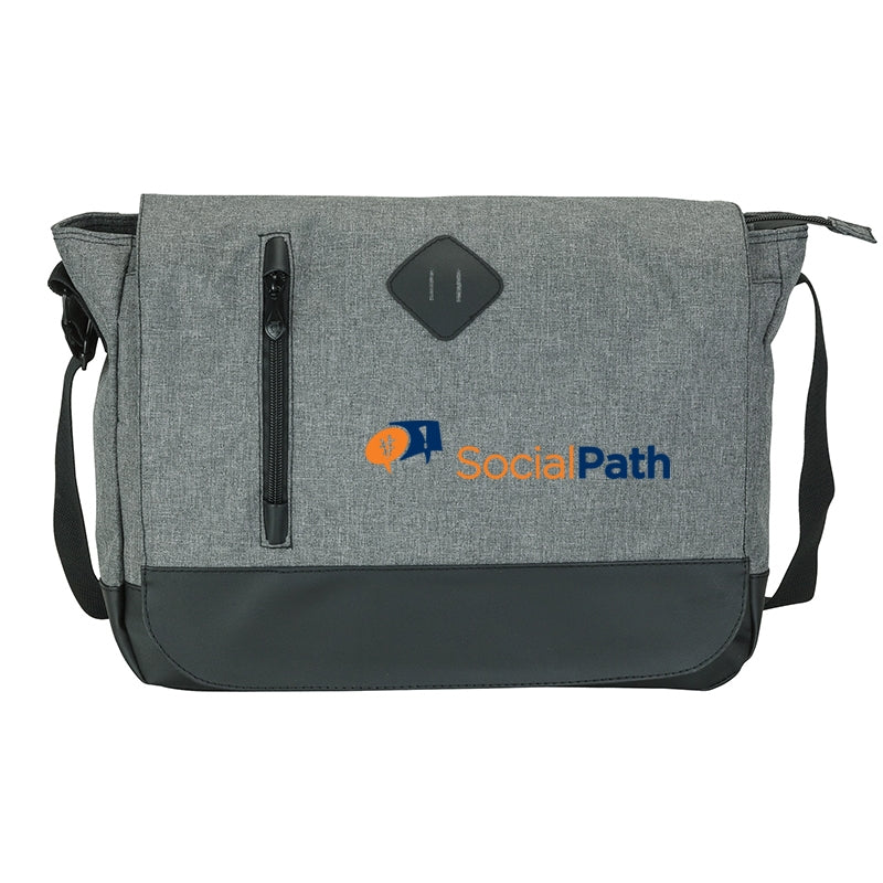 Gray/black messenger bag with logo printed in color
