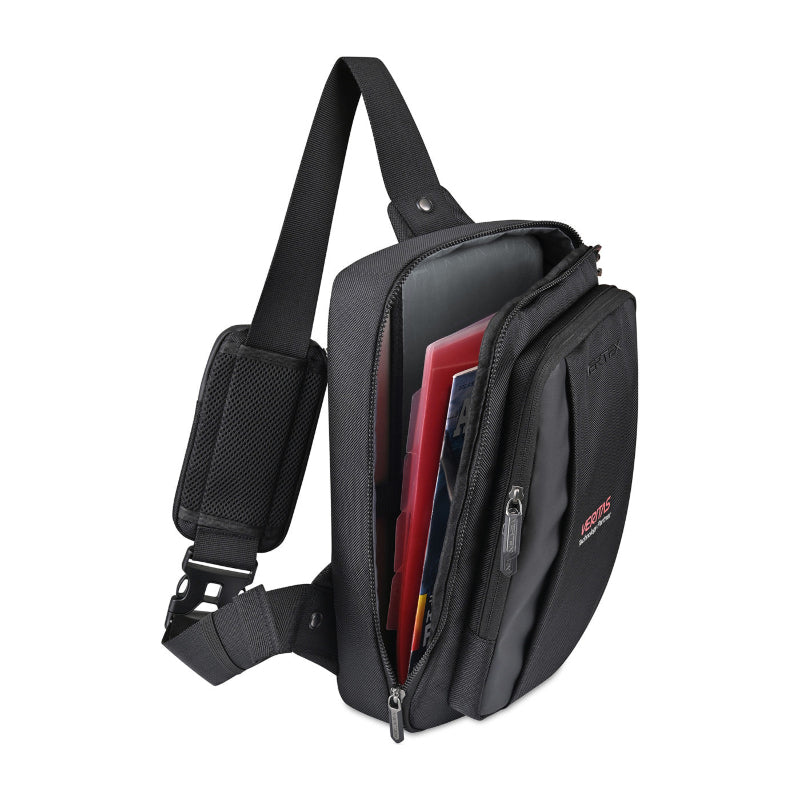 Black sling bag opened in use. 