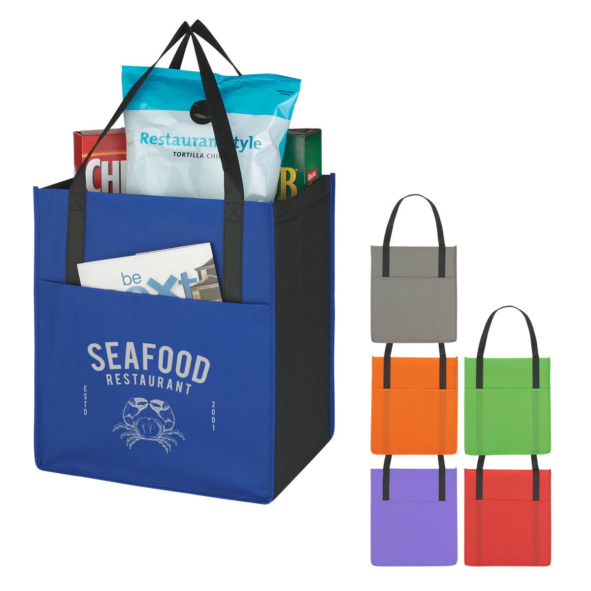 printed grocery tote with front pocket colors
