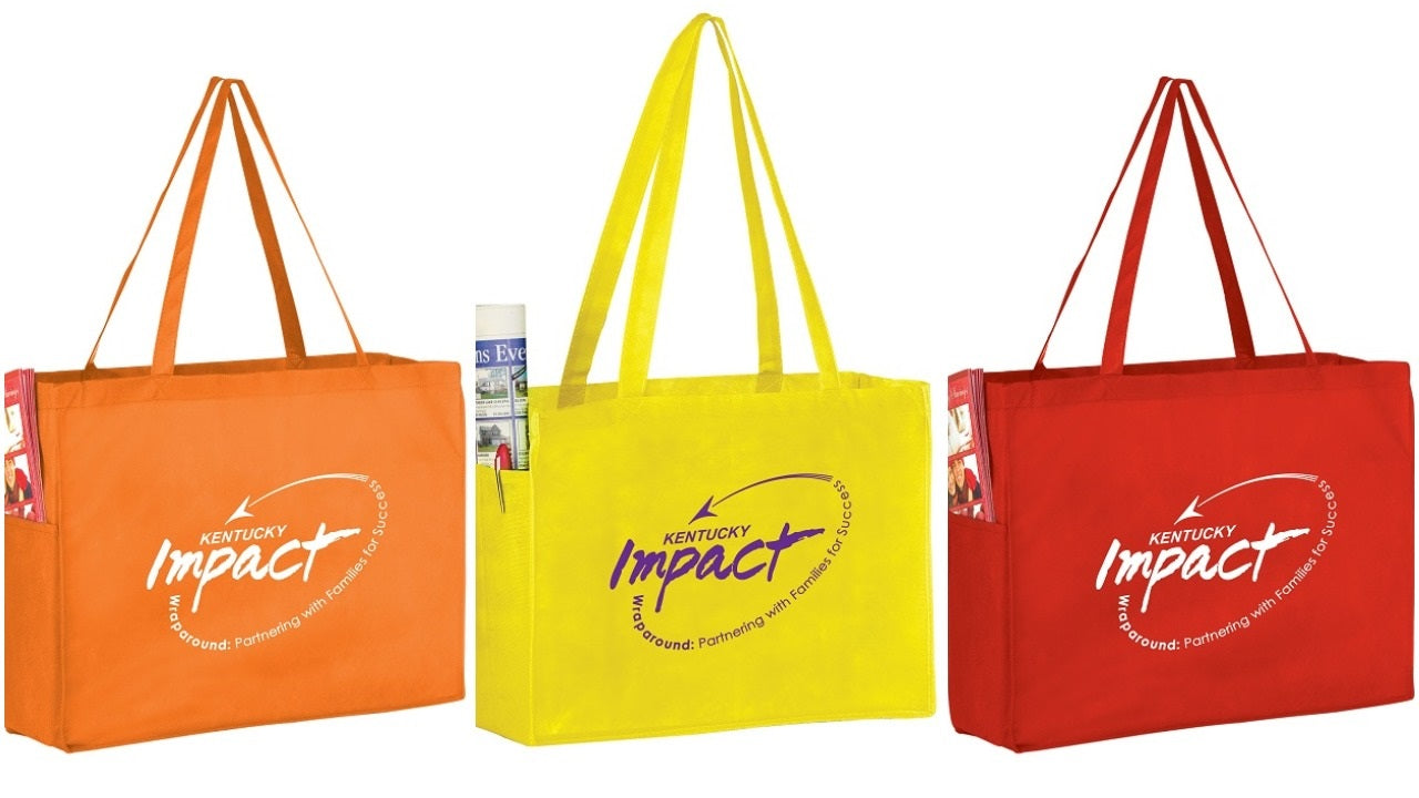 grocery bag with pockets orange yellow red